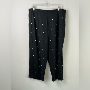 Richard Malcolm Woman Linen Rayon Black White Embroidered Polka Dot Capri Pants